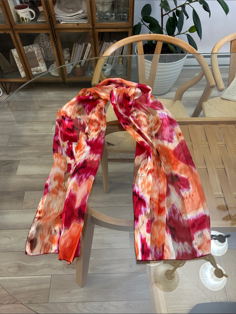 Vintage Long Vibrant Abstract Print Scarf in Orange & Fuchsia
